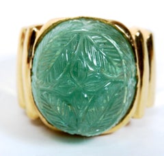 Art Deco Carved Emerald Cabochon Ring Set in 22KT Yellow Gold