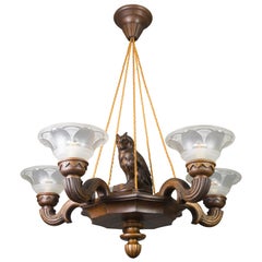 Art Deco Carved Five-Light Chandelier with Owl Figure and Glass by Ezan, 1920s