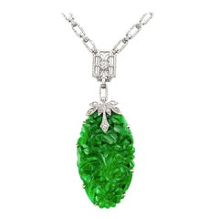 Art Deco Carved Green Jade Diamond White Gold Necklace