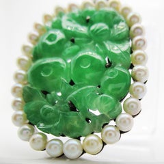 Art Deco Carved Green Jade Pearl Silver Pin Pendant