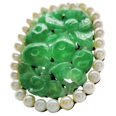 Art Deco Carved Green Jade Pearl Silver Pin Pendant