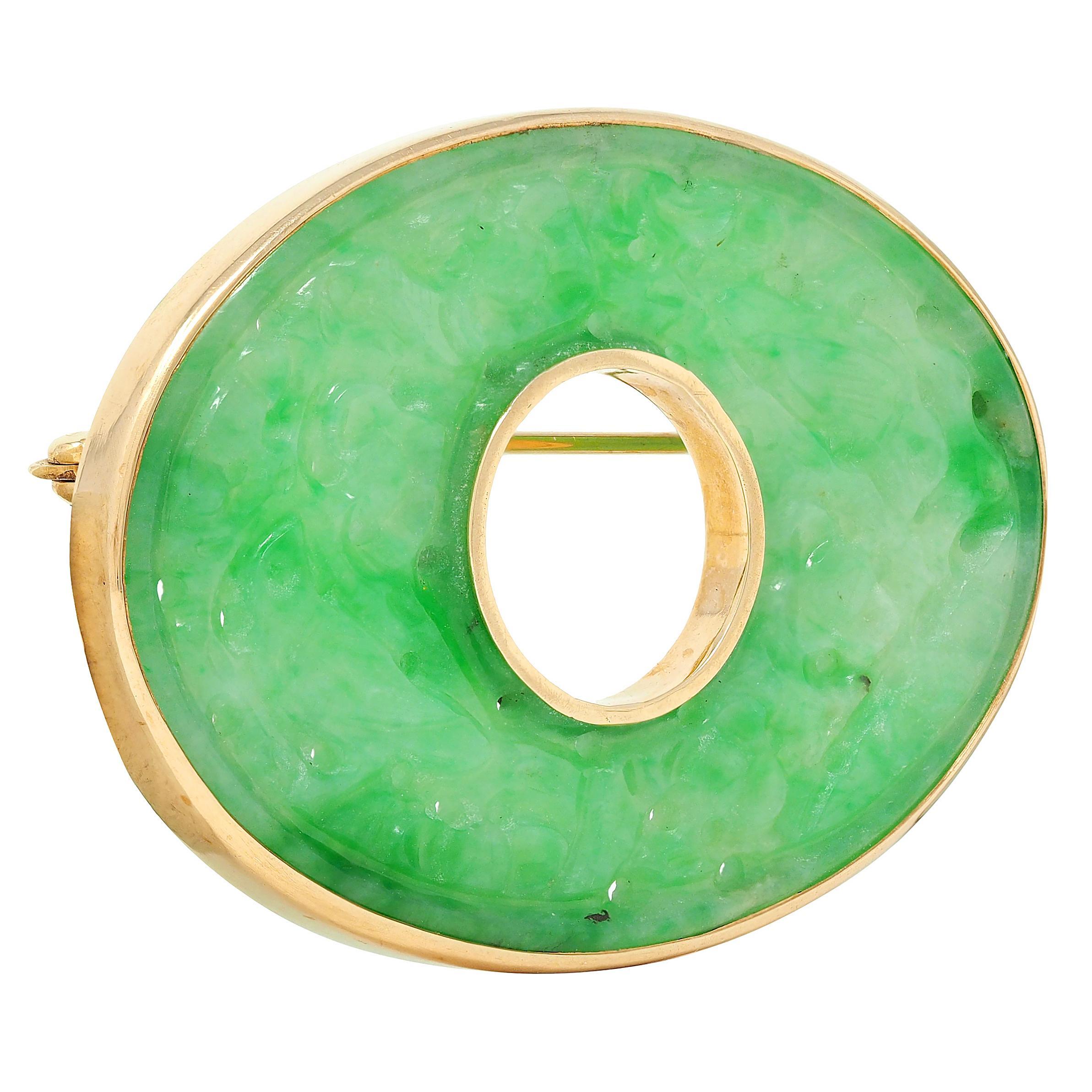 Art Decó Jade Tallado Oro Amarillo 14 Quilates Broche Floral Antiguo Sin cortar en venta