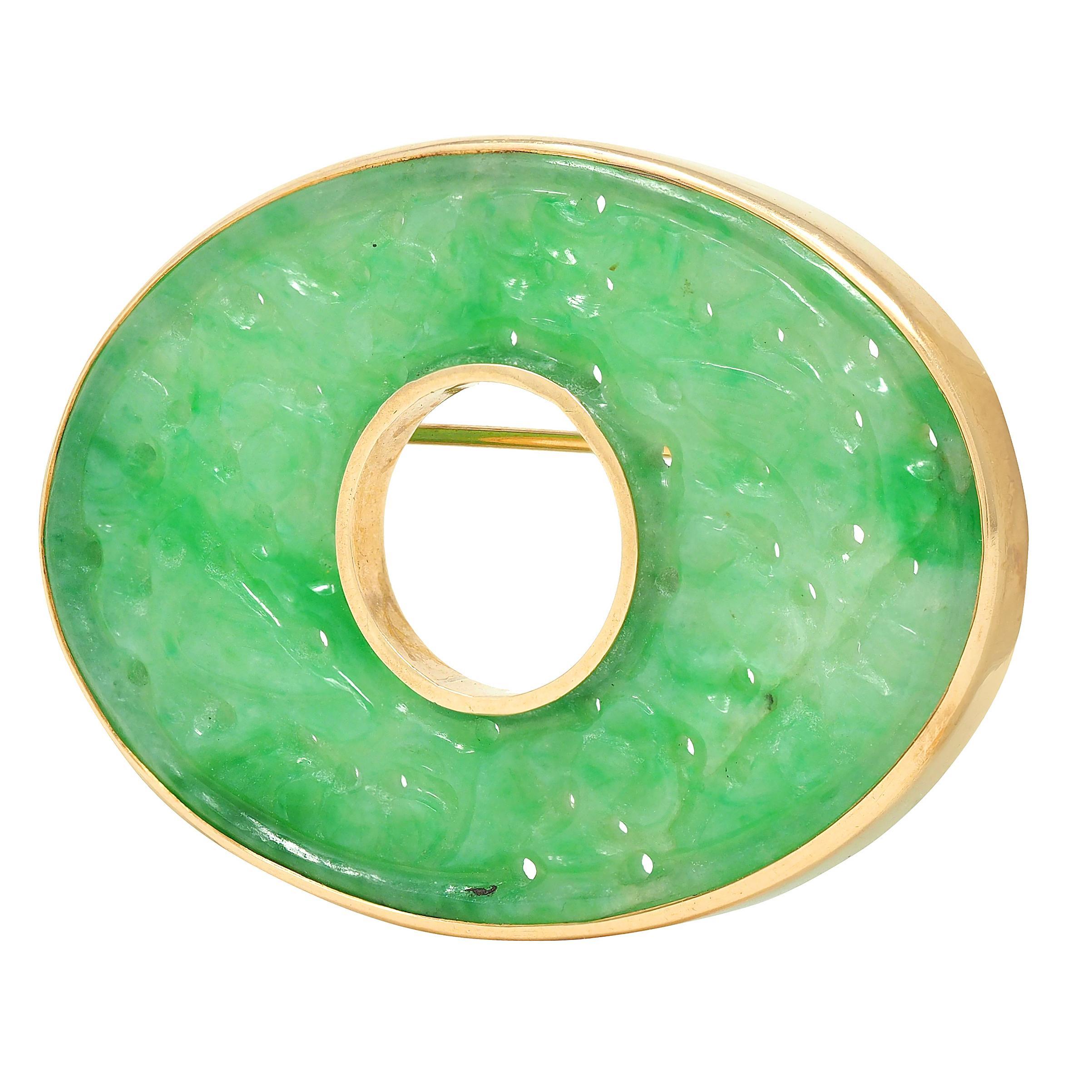 Femenino o masculino Art Decó Jade Tallado Oro Amarillo 14 Quilates Broche Floral Antiguo en venta