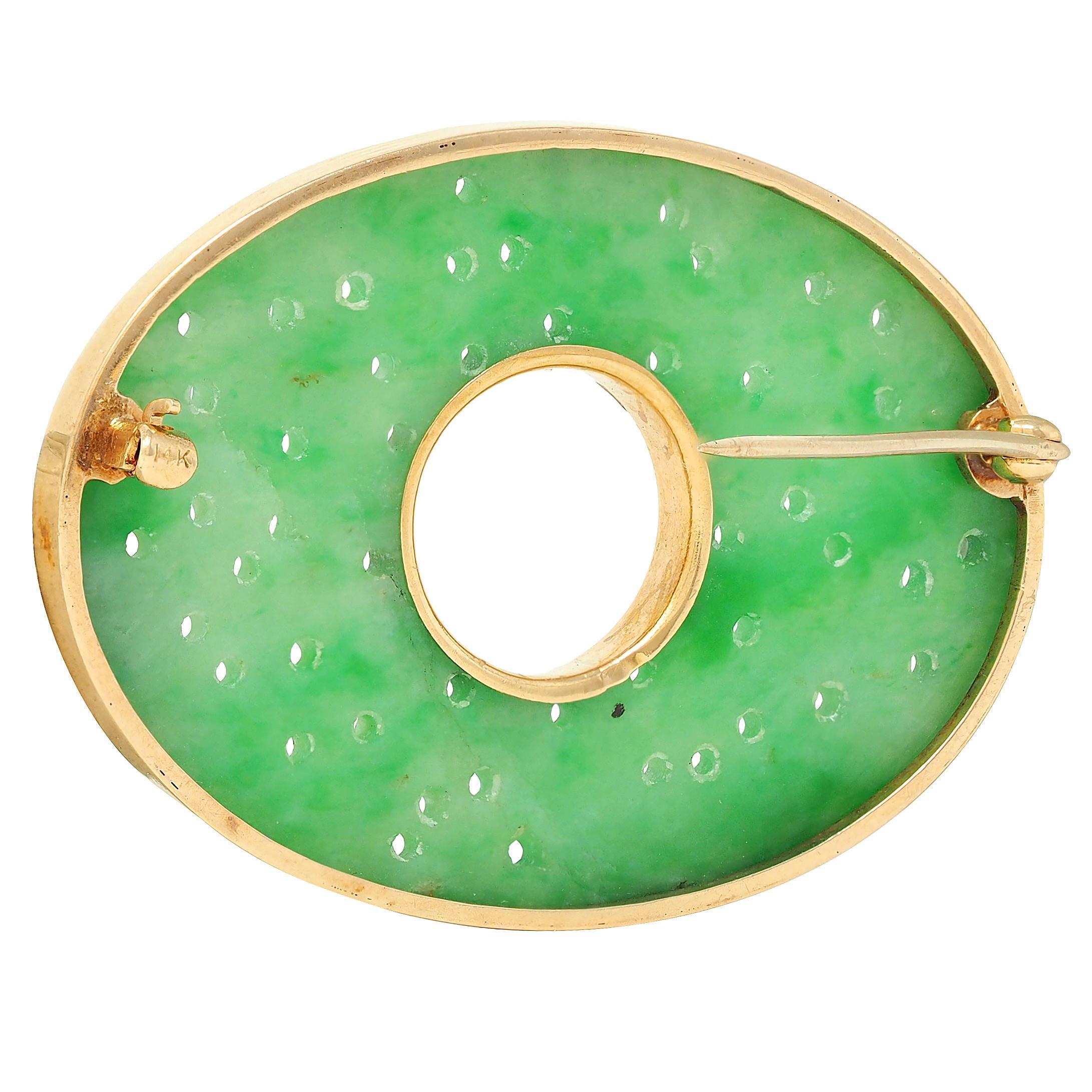 Art Decó Jade Tallado Oro Amarillo 14 Quilates Broche Floral Antiguo en venta 1