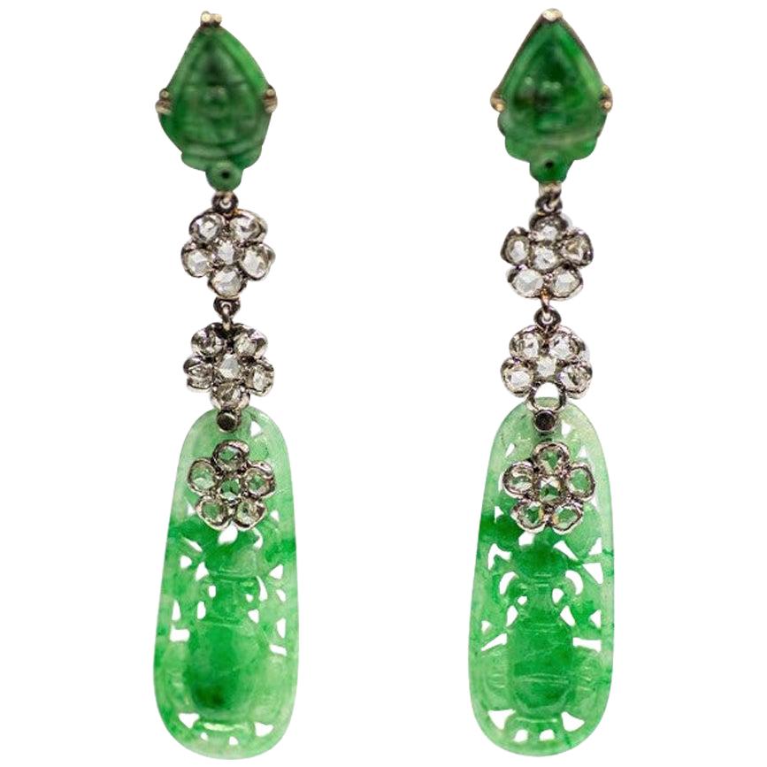Art Deco Carved Jade and Diamond Earrings