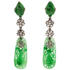 Art Deco Carved Jade and Diamond Earrings