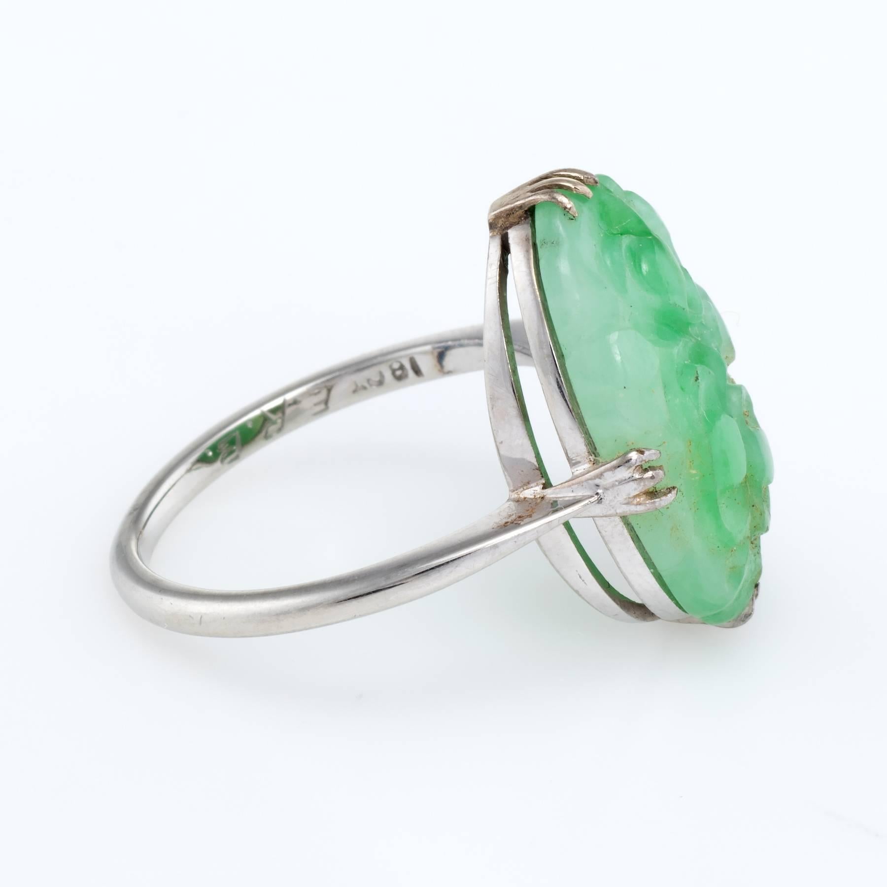 Art Deco Carved Jade Cocktail Ring 18 Karat White Gold In Excellent Condition In Torrance, CA