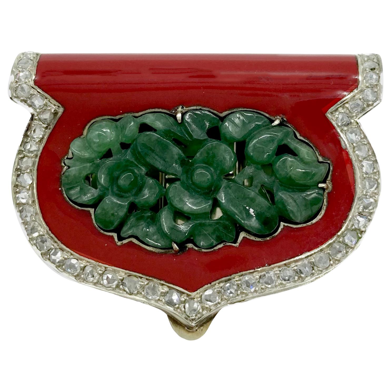 Art Deco Carved Jade, Coral, and Diamond Clip Brooch For Sale
