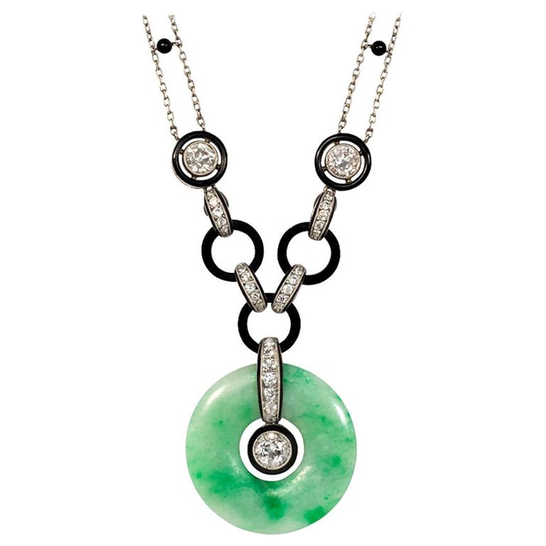 Art Deco Carved Jade, Diamond, Onyx, and Enamel Pendant Necklace in