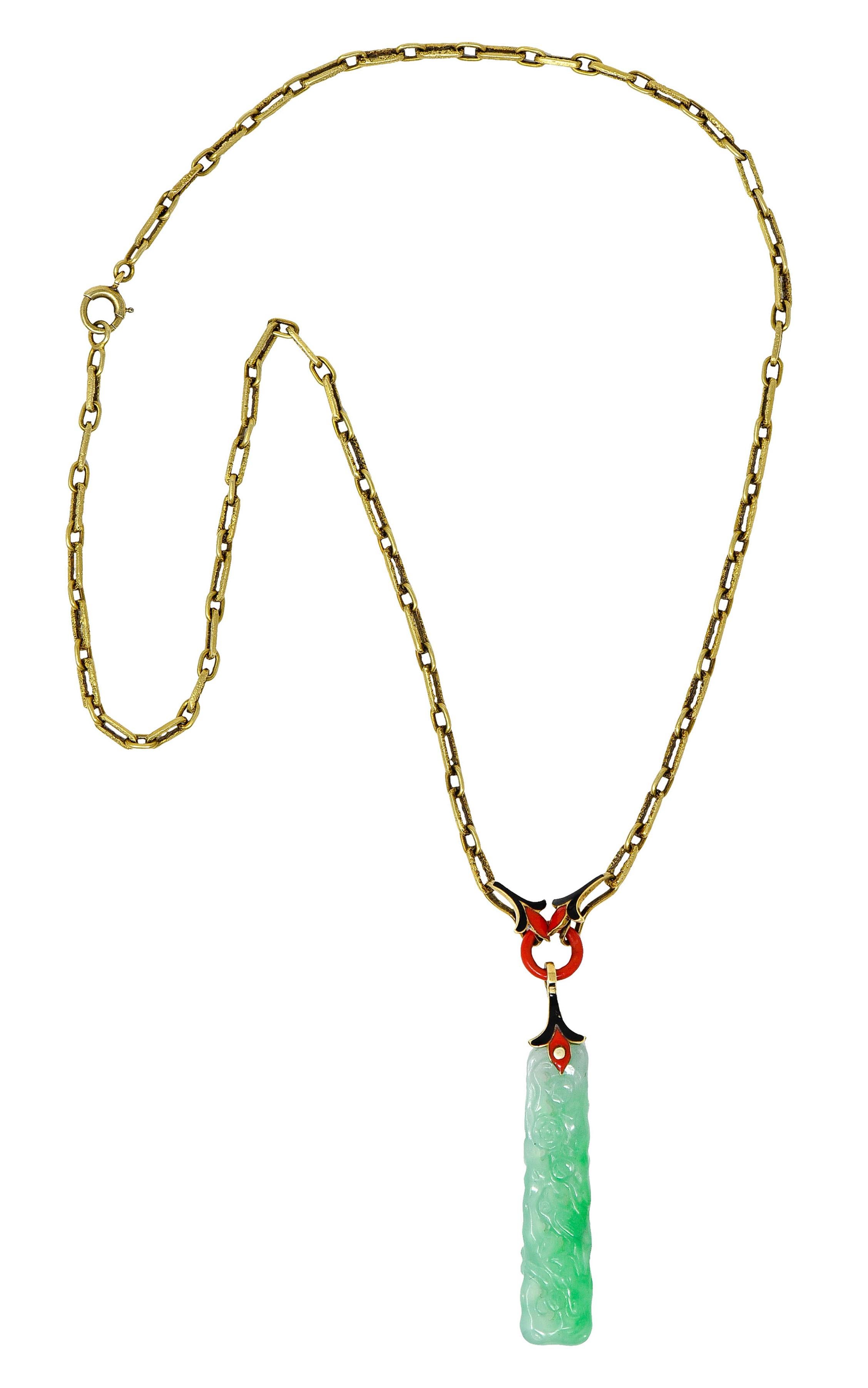 Uncut Art Deco Carved Jade Enamel 14 Karat Gold Drop Pendant Necklace