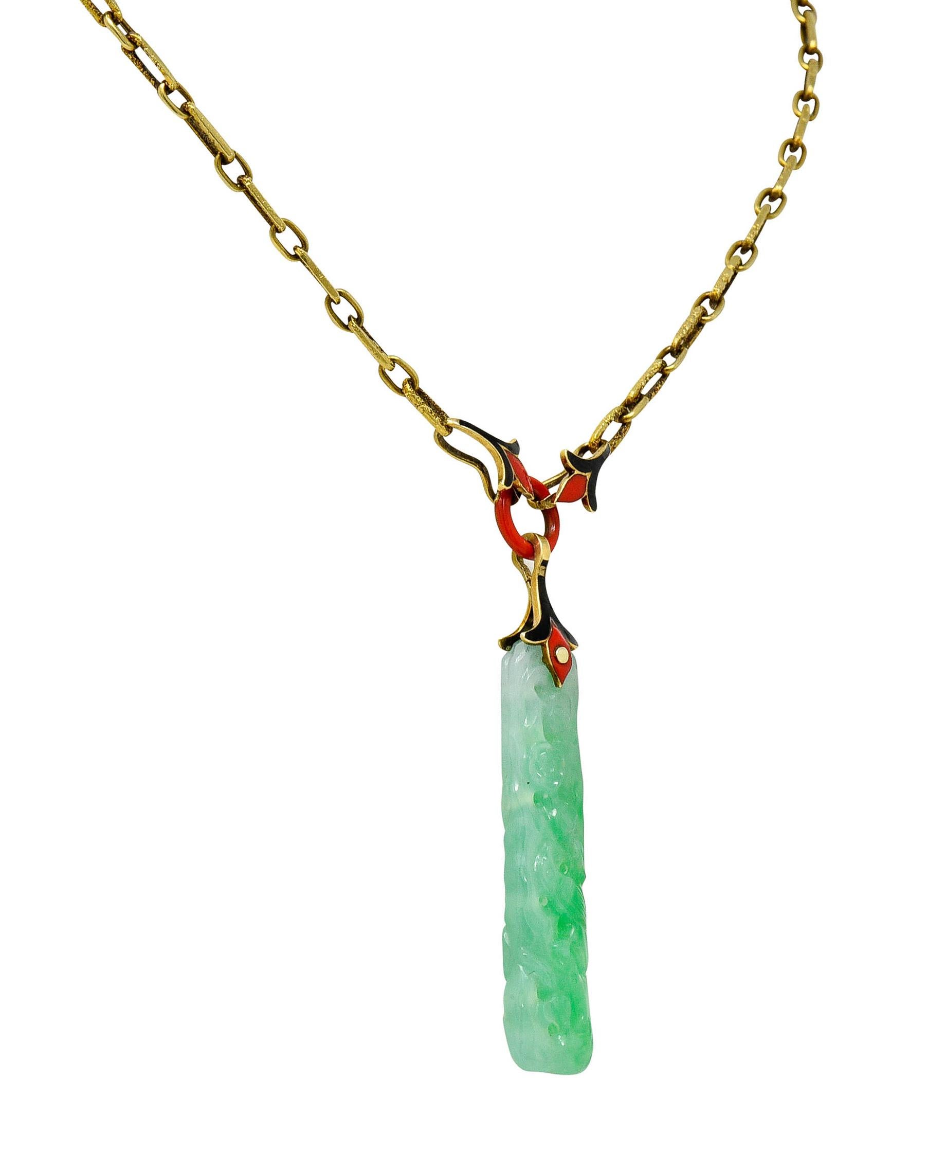 Art Deco Carved Jade Enamel 14 Karat Gold Drop Pendant Necklace In Excellent Condition In Philadelphia, PA