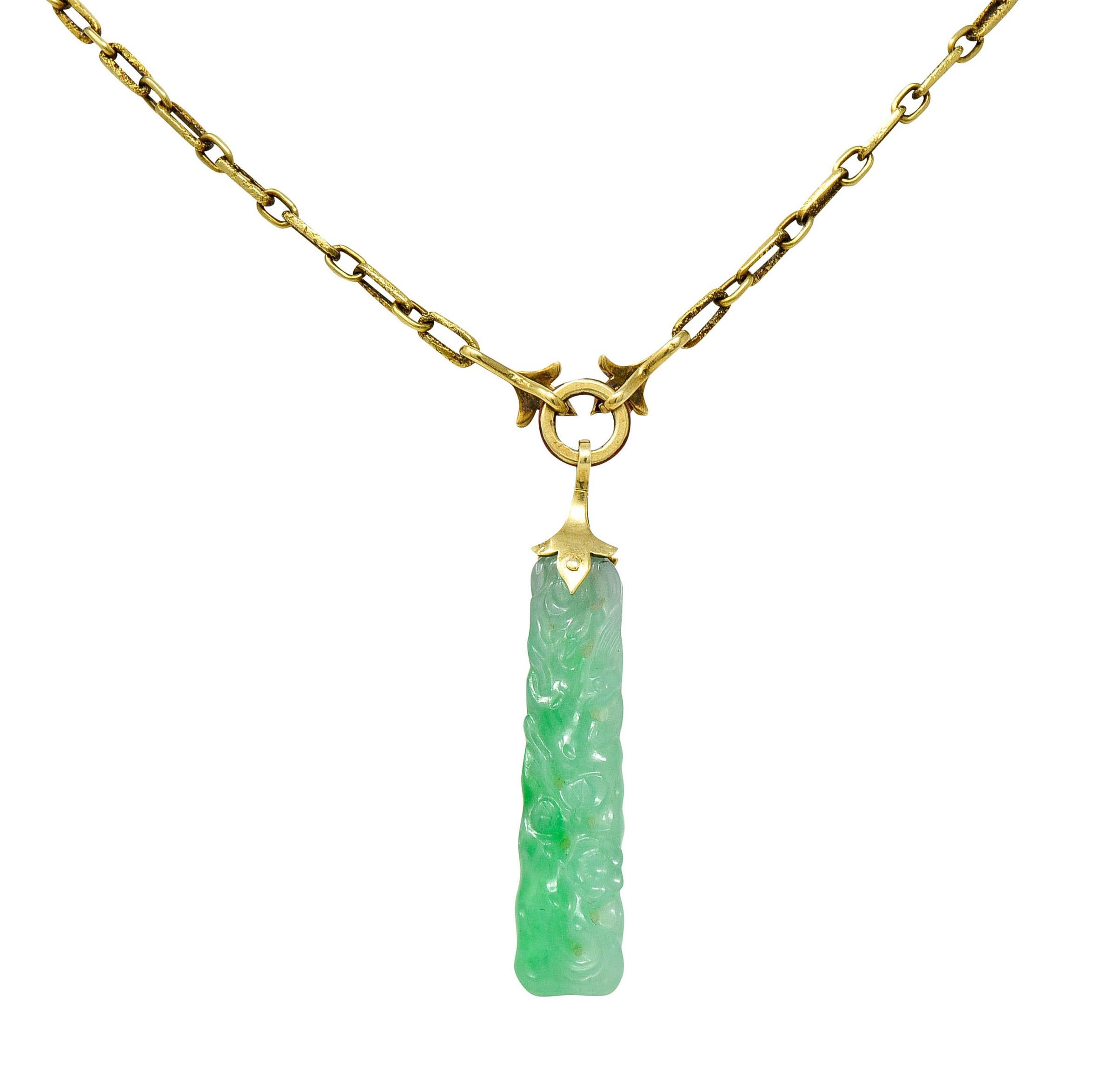 Art Deco Carved Jade Enamel 14 Karat Gold Drop Pendant Necklace 1