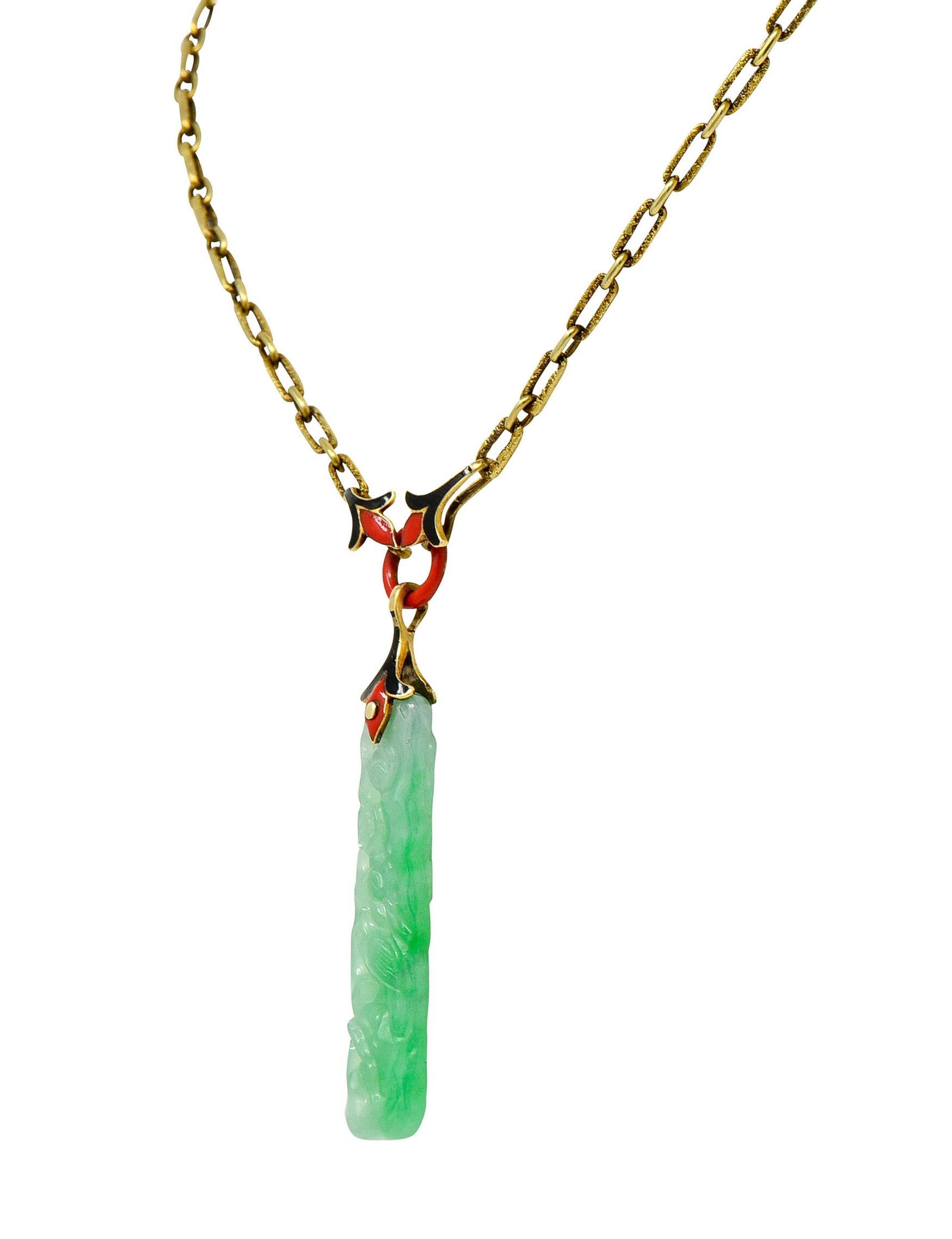 Art Deco Carved Jade Enamel 14 Karat Gold Drop Pendant Necklace 2