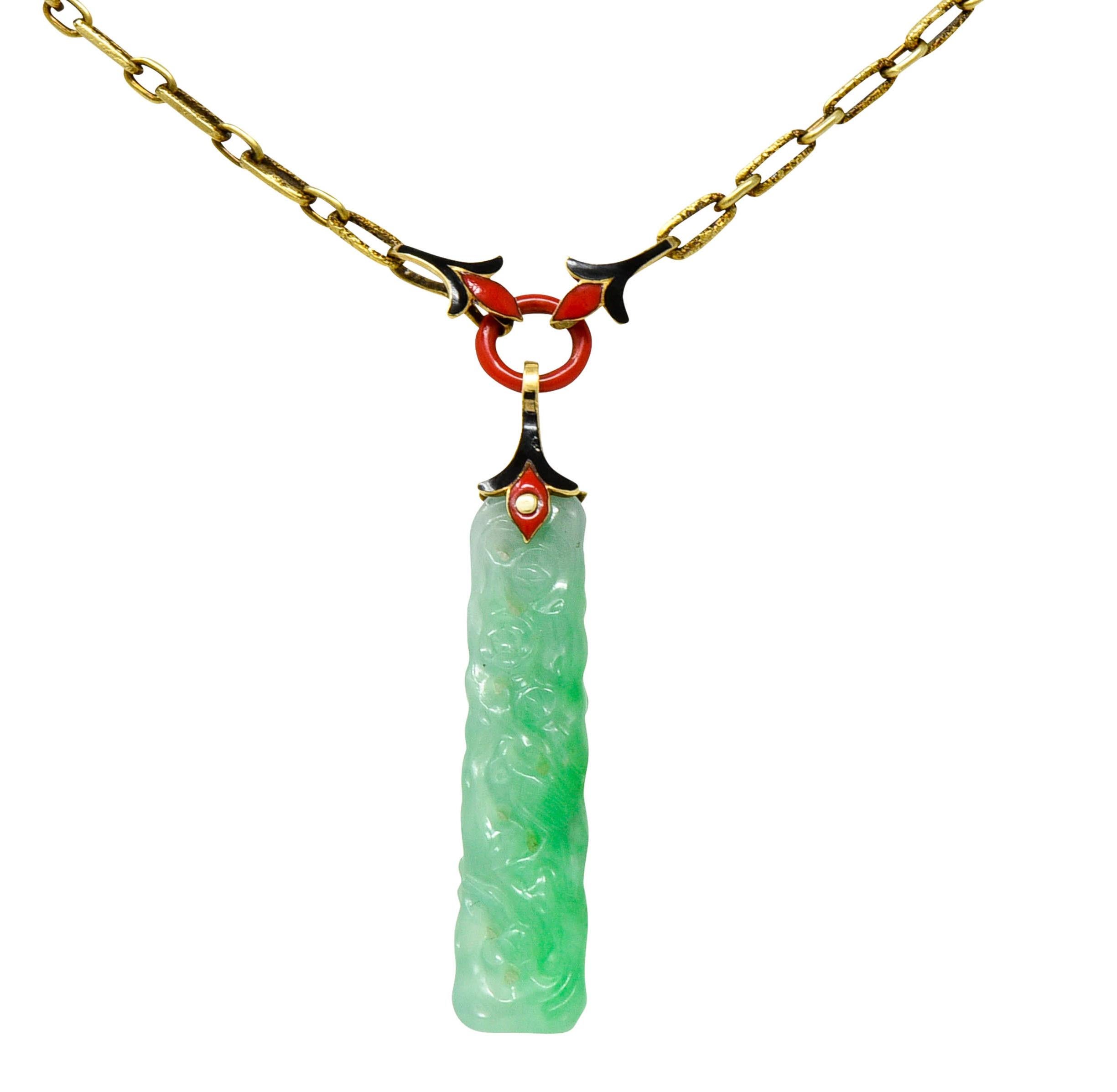 Art Deco Carved Jade Enamel 14 Karat Gold Drop Pendant Necklace 3