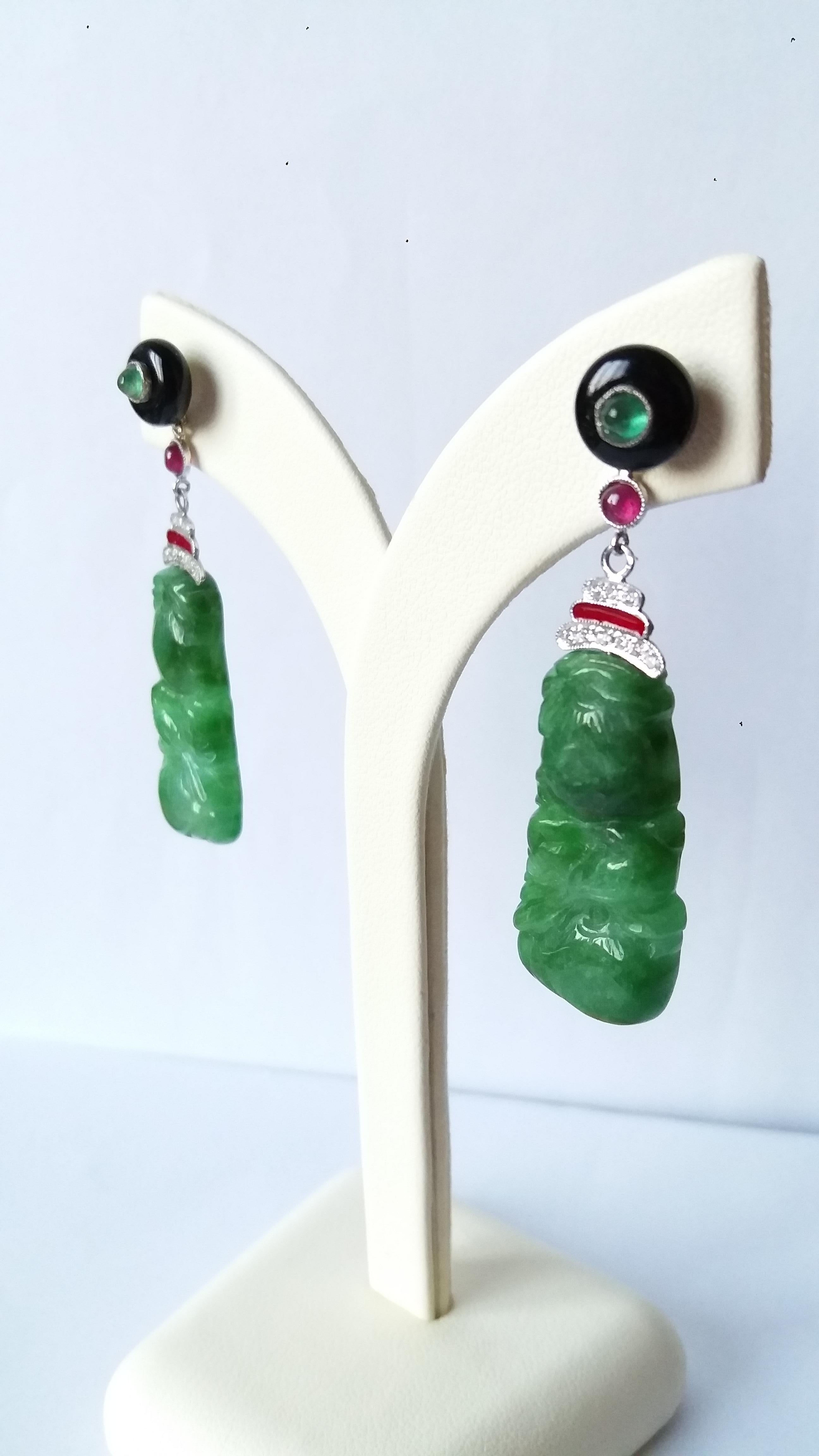Art Deco Style Carved Jade Gold Rubies Emeralds Onix Diamonds Enamel Earrings In Good Condition For Sale In Bangkok, TH
