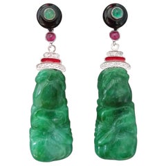 Art Deco Style Carved Jade Gold Rubies Emeralds Onix Diamonds Enamel Earrings