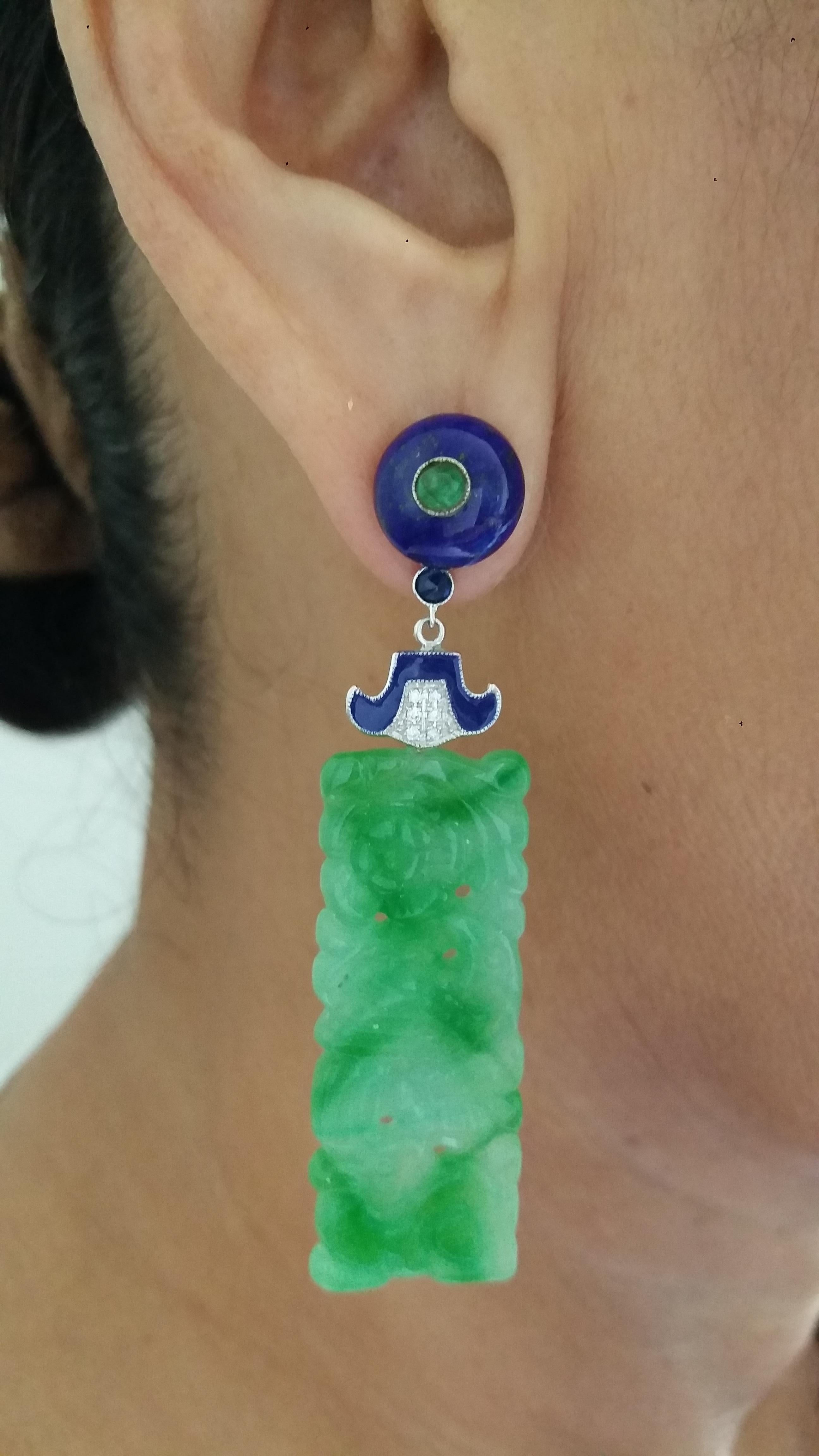 Art Deco Style Carved Jade Lapis Lazuli Gold Emeralds Diamonds Enamel Earrings In Excellent Condition In Bangkok, TH