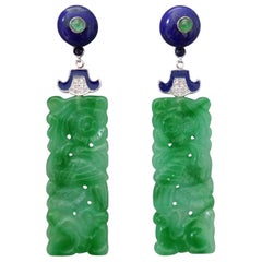 Vintage Art Deco Style Carved Jade Lapis Lazuli Gold Emeralds Diamonds Enamel Earrings