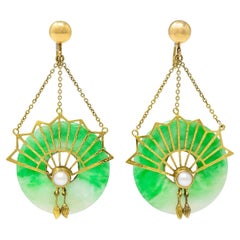 Art Deco Carved Jade Pearl 14 Karat Yellow Gold Circular Fan Drop Earrings