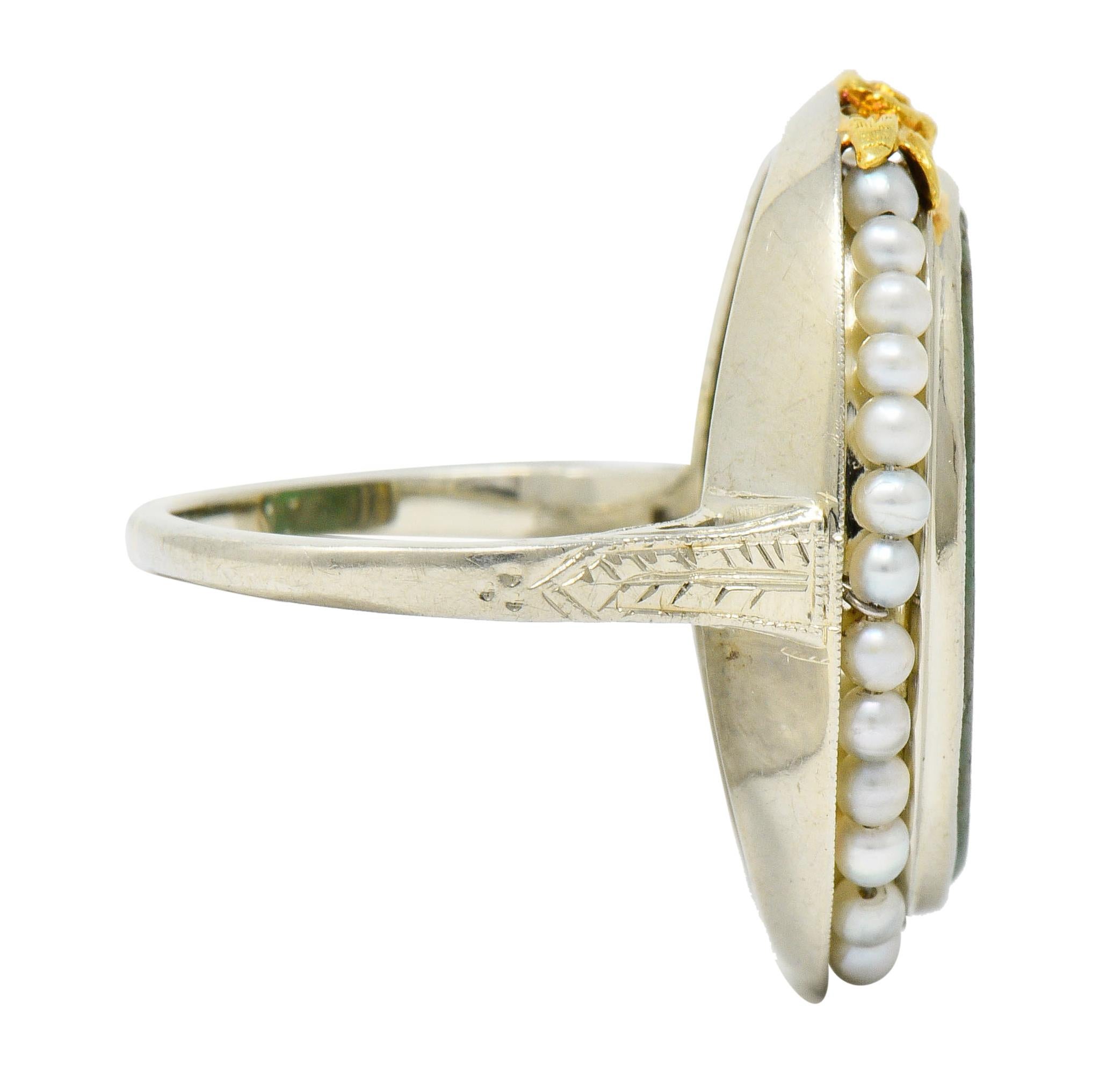 Oval Cut Art Deco Carved Jade Pearl 18 Karat Two-Tone Gold Cluster Ring