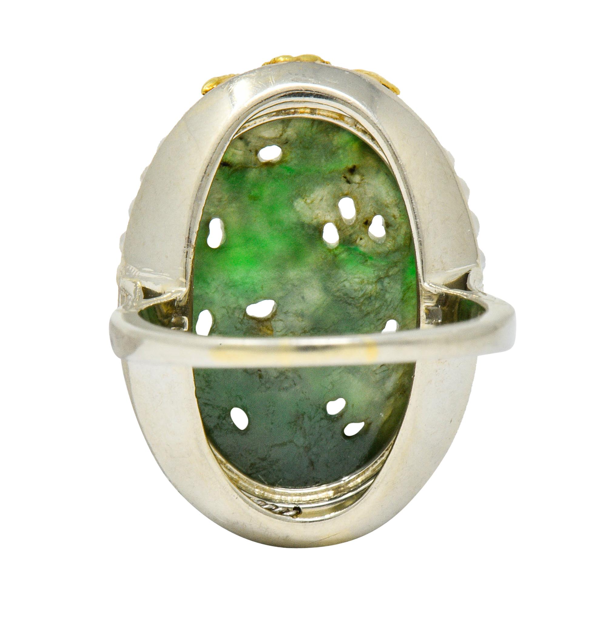 Art Deco Carved Jade Pearl 18 Karat Two-Tone Gold Cluster Ring In Excellent Condition In Philadelphia, PA