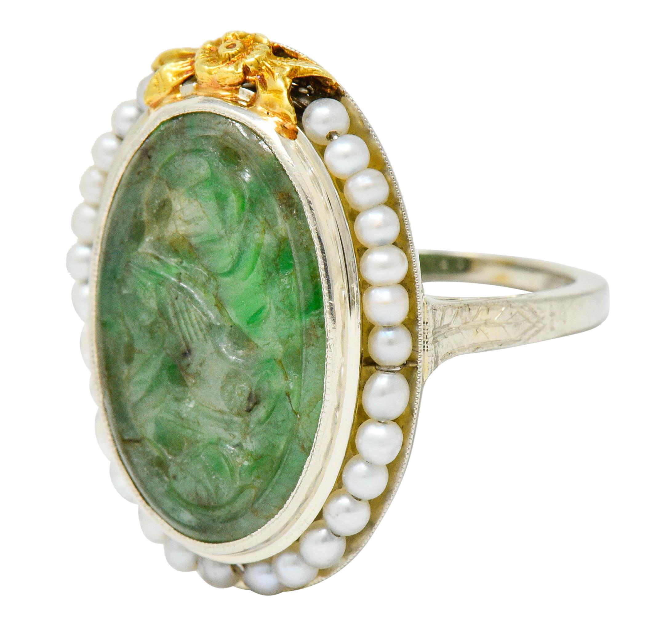 Art Deco Carved Jade Pearl 18 Karat Two-Tone Gold Cluster Ring 1