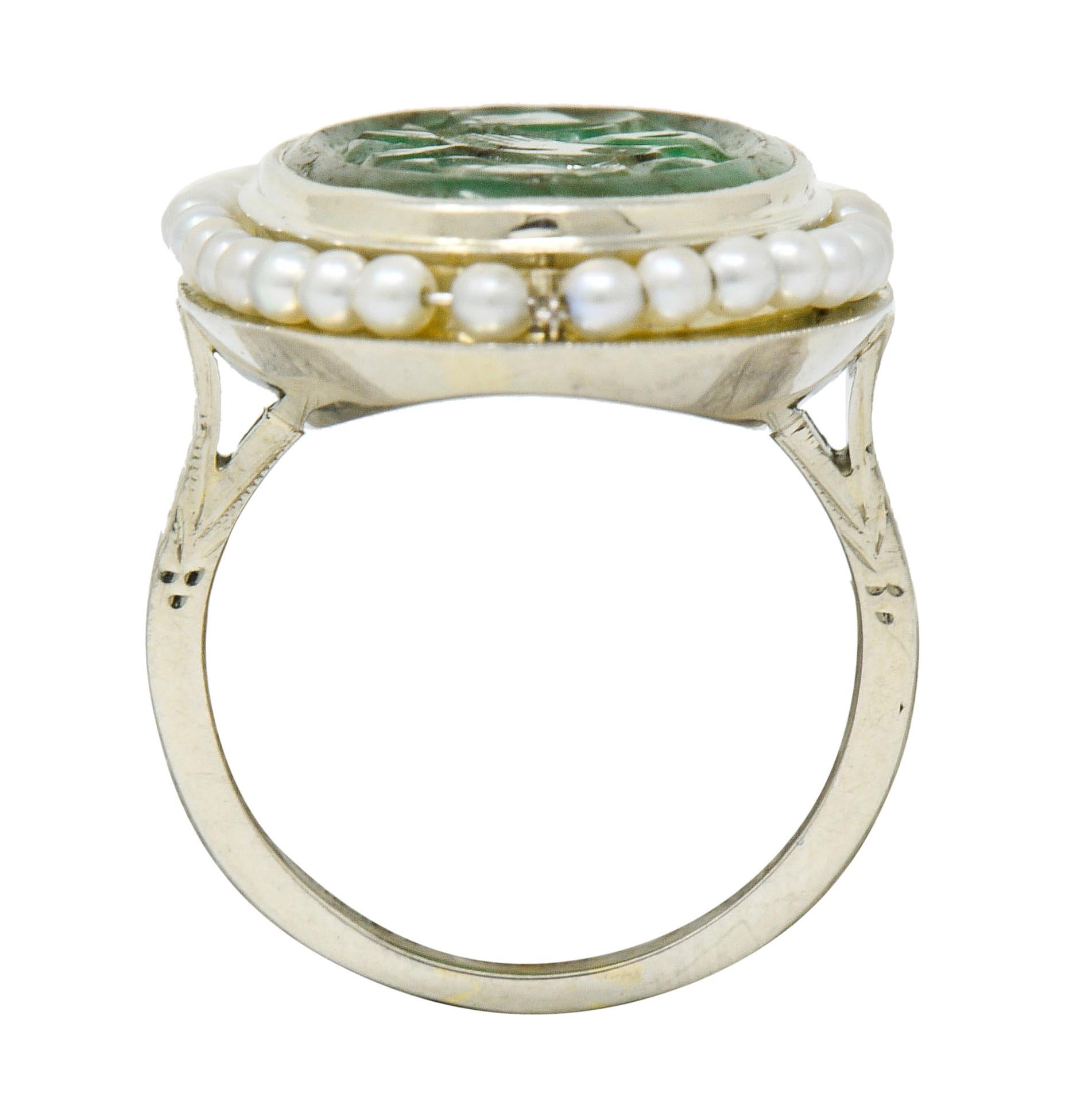 Art Deco Carved Jade Pearl 18 Karat Two-Tone Gold Cluster Ring 2
