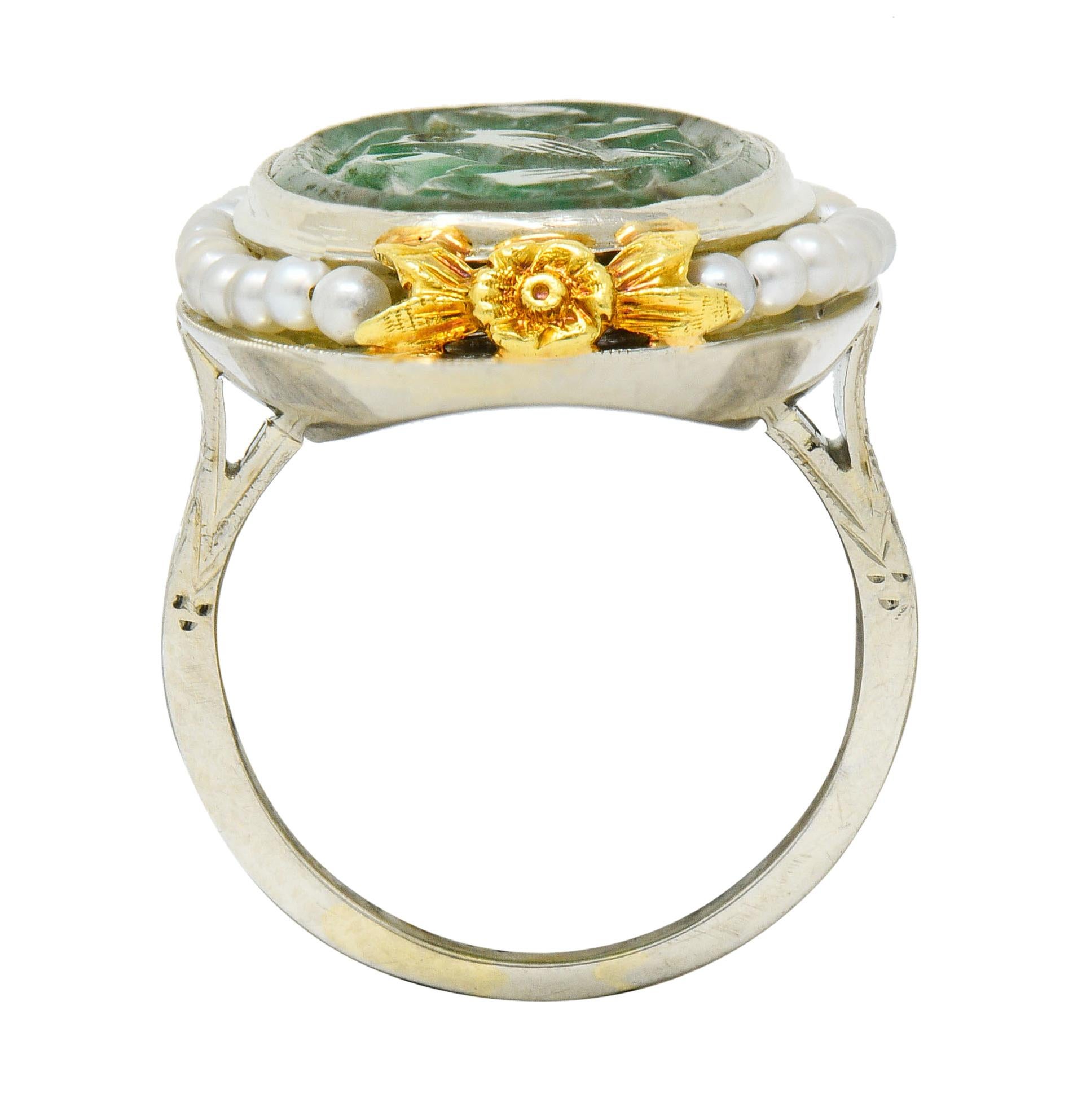 Art Deco Carved Jade Pearl 18 Karat Two-Tone Gold Cluster Ring 3