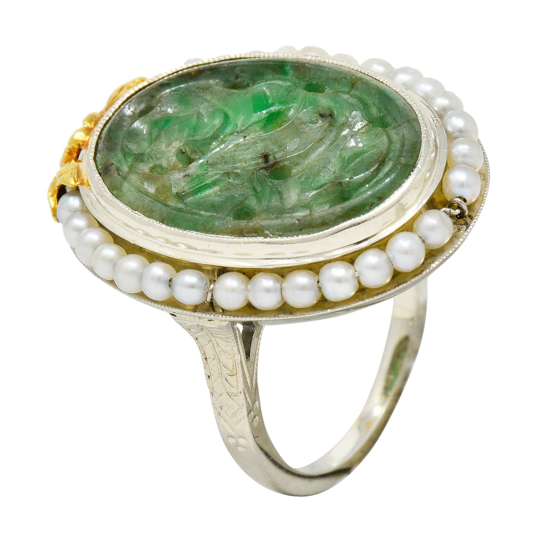 Art Deco Carved Jade Pearl 18 Karat Two-Tone Gold Cluster Ring 4
