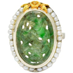 Vintage Art Deco Carved Jade Pearl 18 Karat Two-Tone Gold Cluster Ring