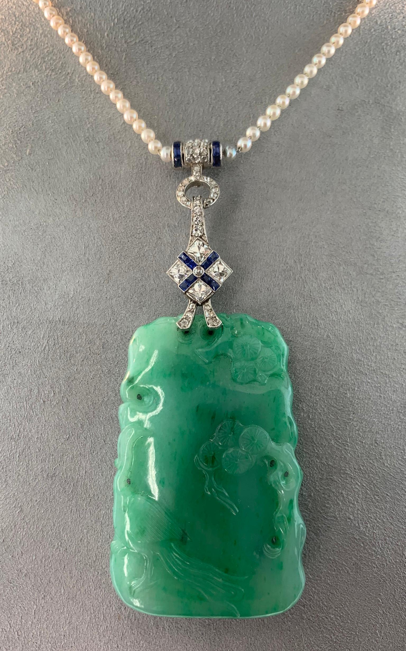 Art Deco Carved Jade Pearl Diamond Sapphire Platinum Pendant Necklace 1