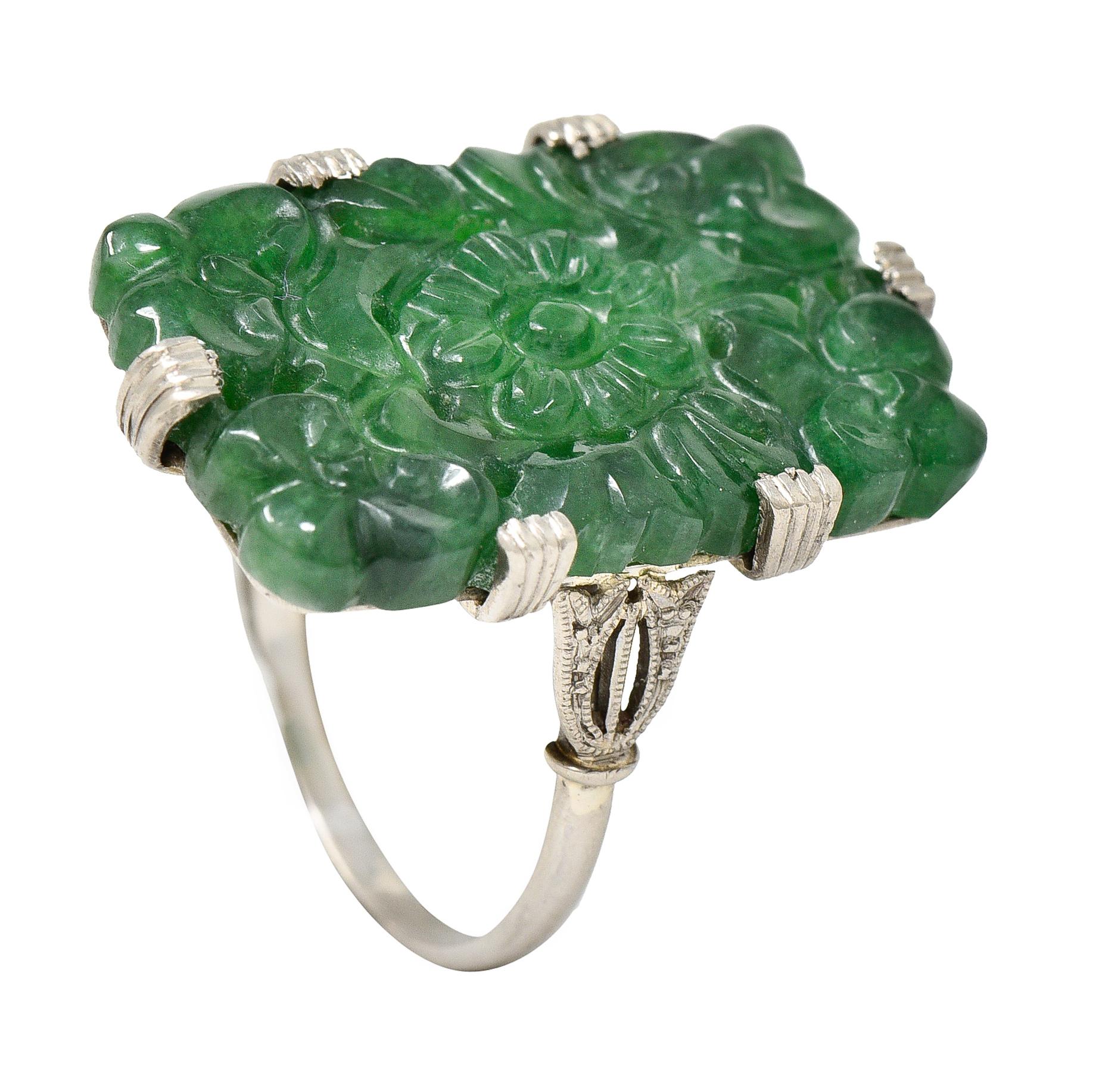 Art Deco Carved Jade Platinum Floral Statement Antique Ring 4