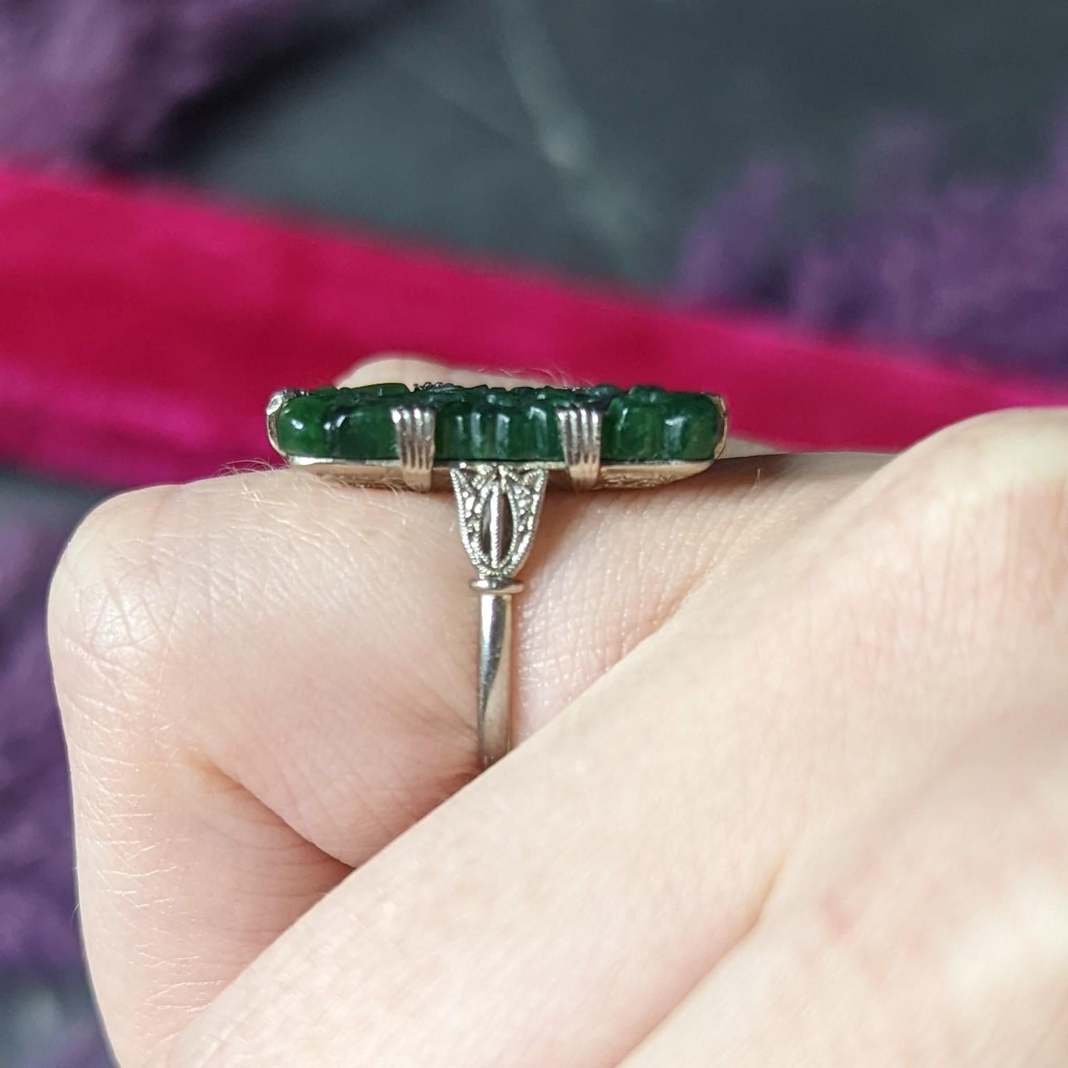Art Deco Carved Jade Platinum Floral Statement Antique Ring 6