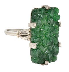 Art Deco Carved Jade Platinum Floral Statement Antique Ring