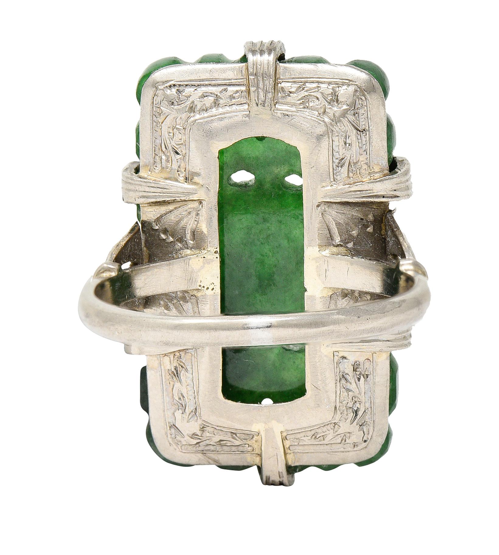 Square Cut Art Deco Carved Jade Platinum Floral Statement Antique Ring