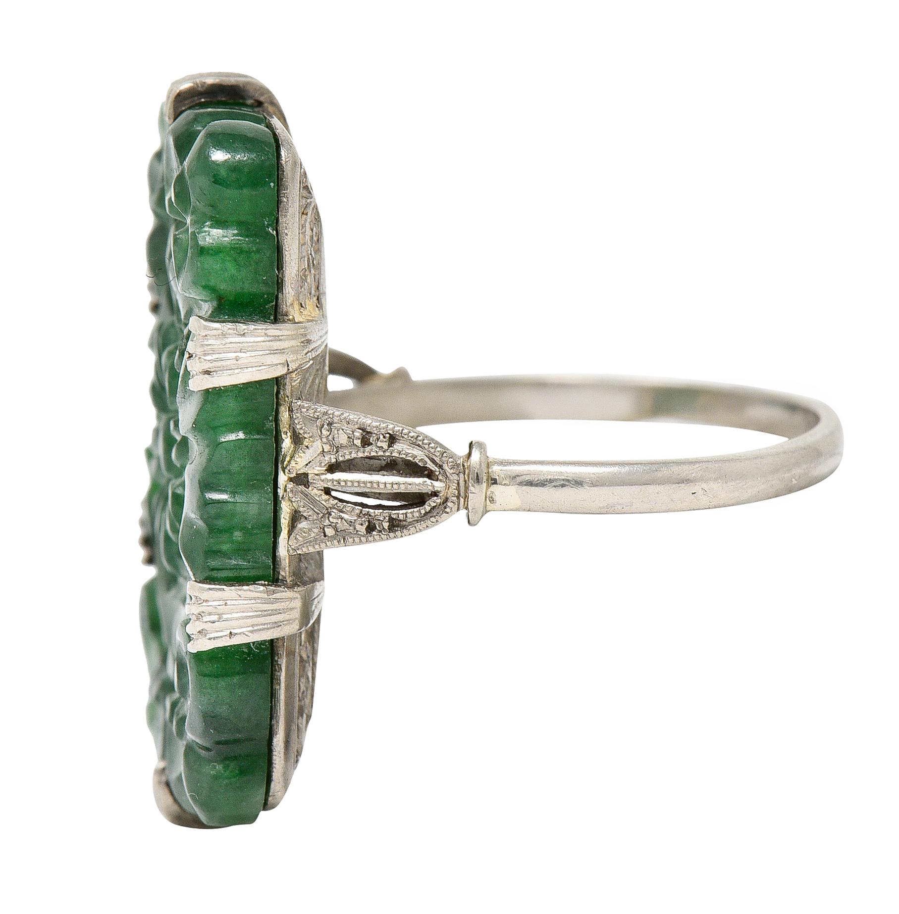 Art Deco Carved Jade Platinum Floral Statement Antique Ring In Excellent Condition In Philadelphia, PA
