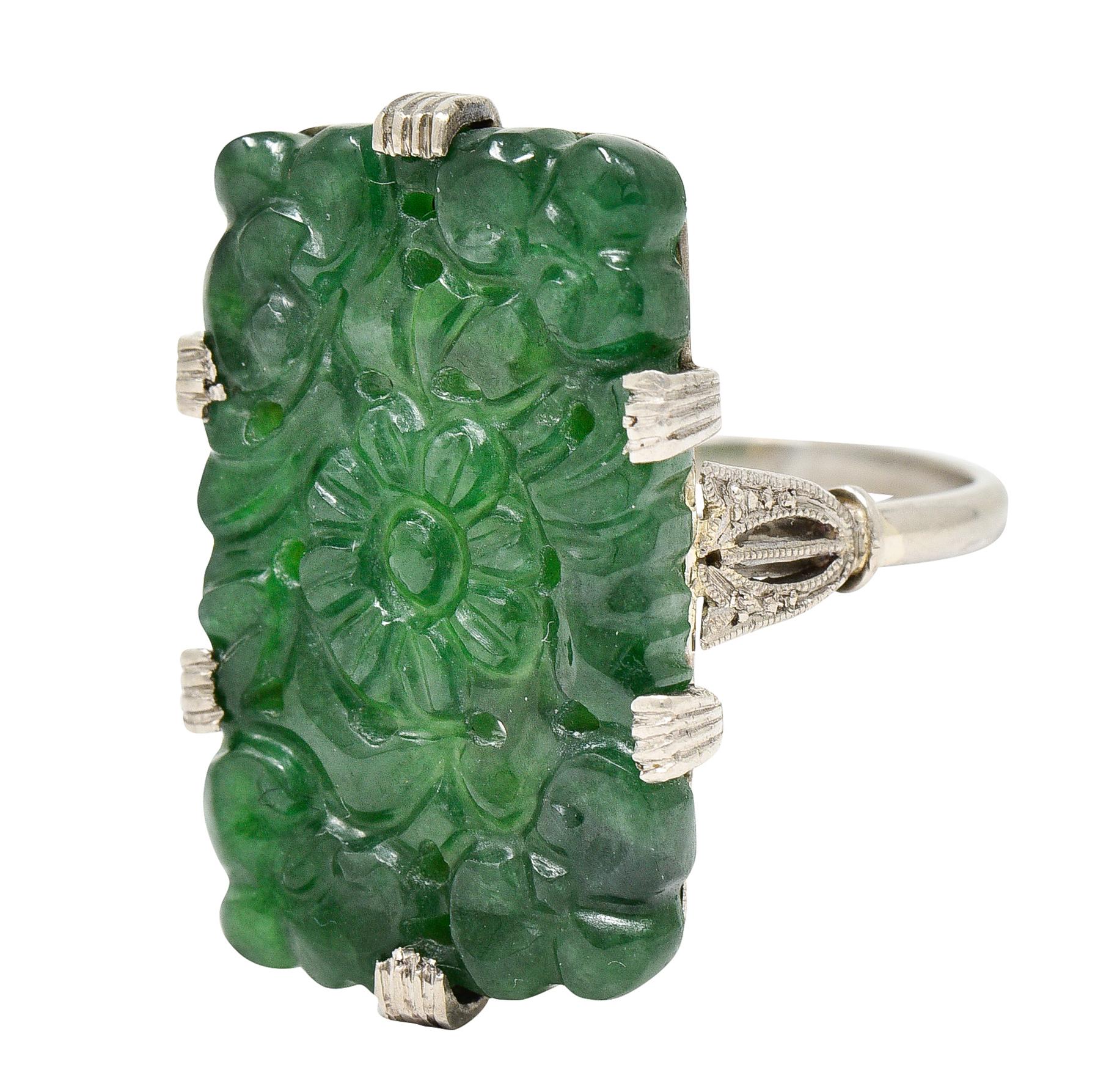Women's or Men's Art Deco Carved Jade Platinum Floral Statement Antique Ring