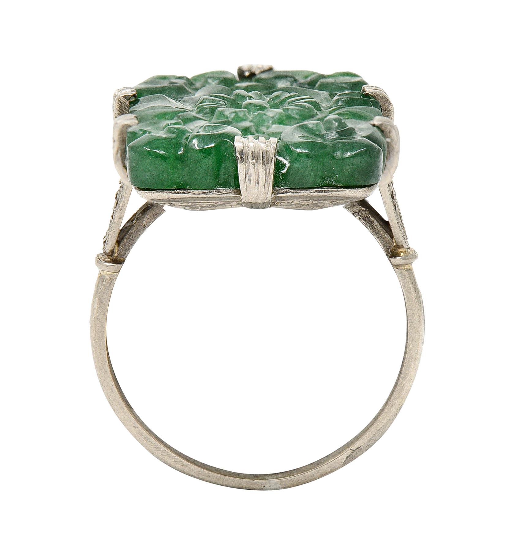 Art Deco Carved Jade Platinum Floral Statement Antique Ring 1