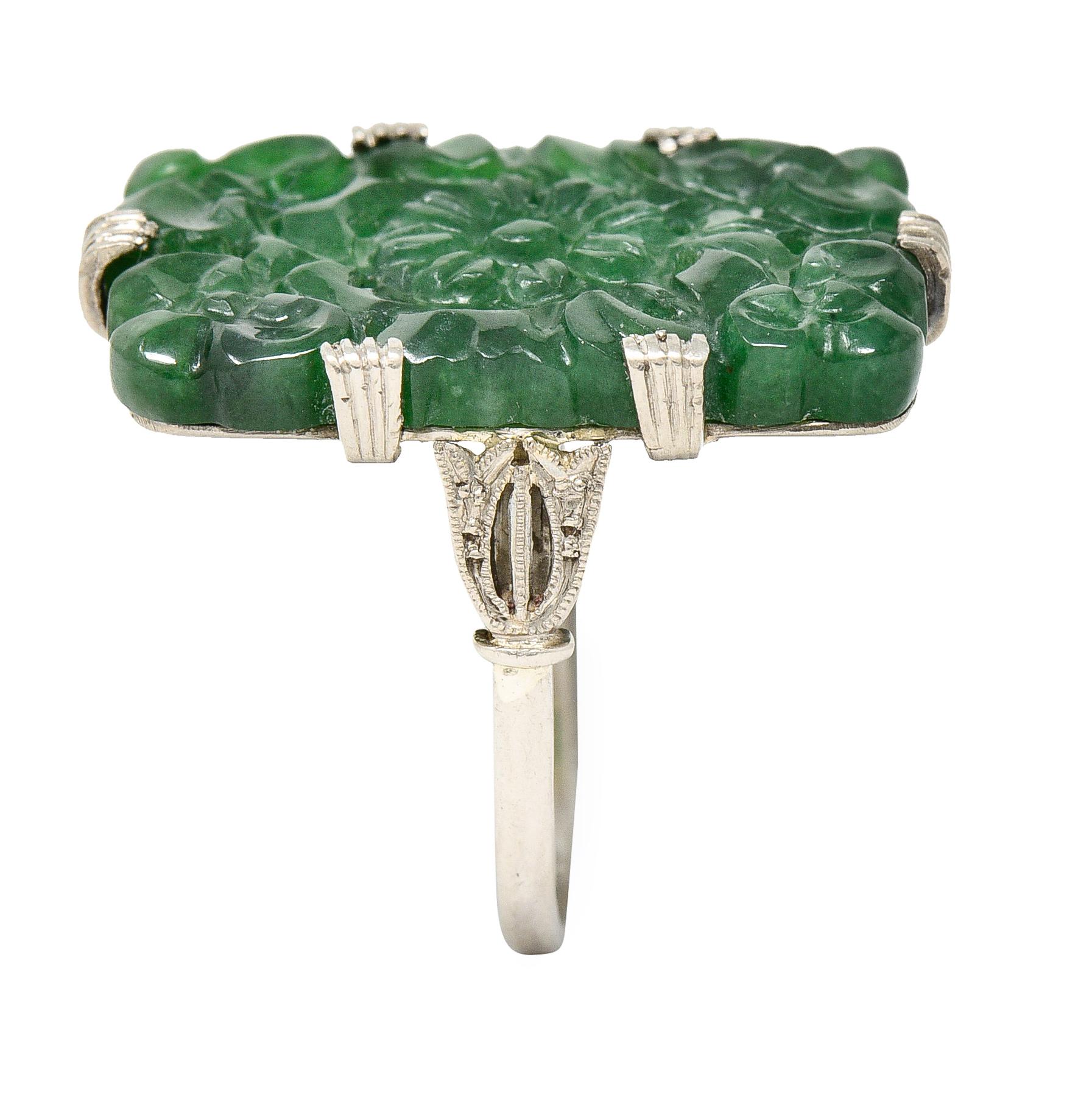Art Deco Carved Jade Platinum Floral Statement Antique Ring 2