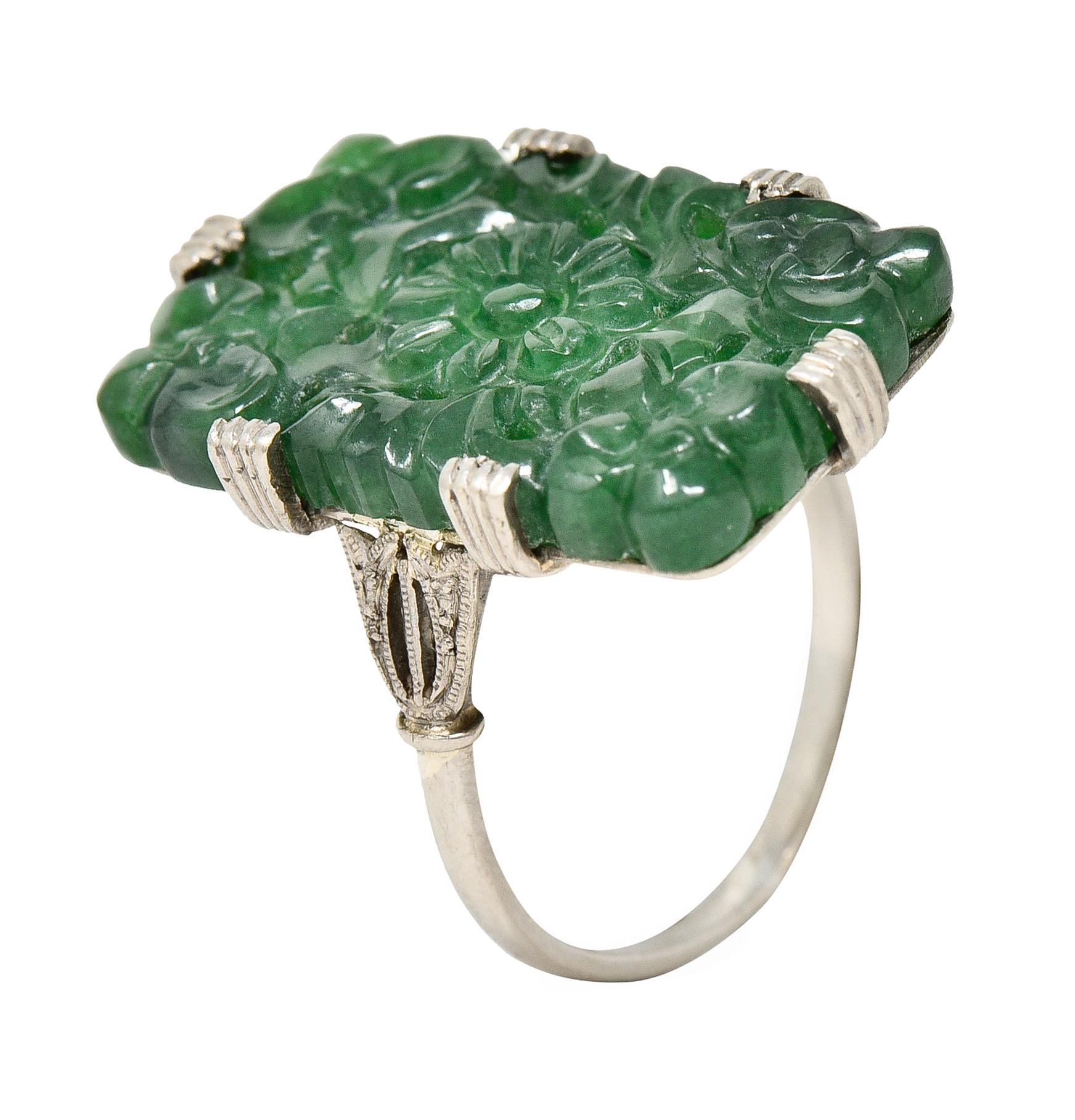 Art Deco Carved Jade Platinum Floral Statement Antique Ring 3