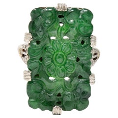 Art Deco Carved Jade Platinum Floral Statement Antique Ring