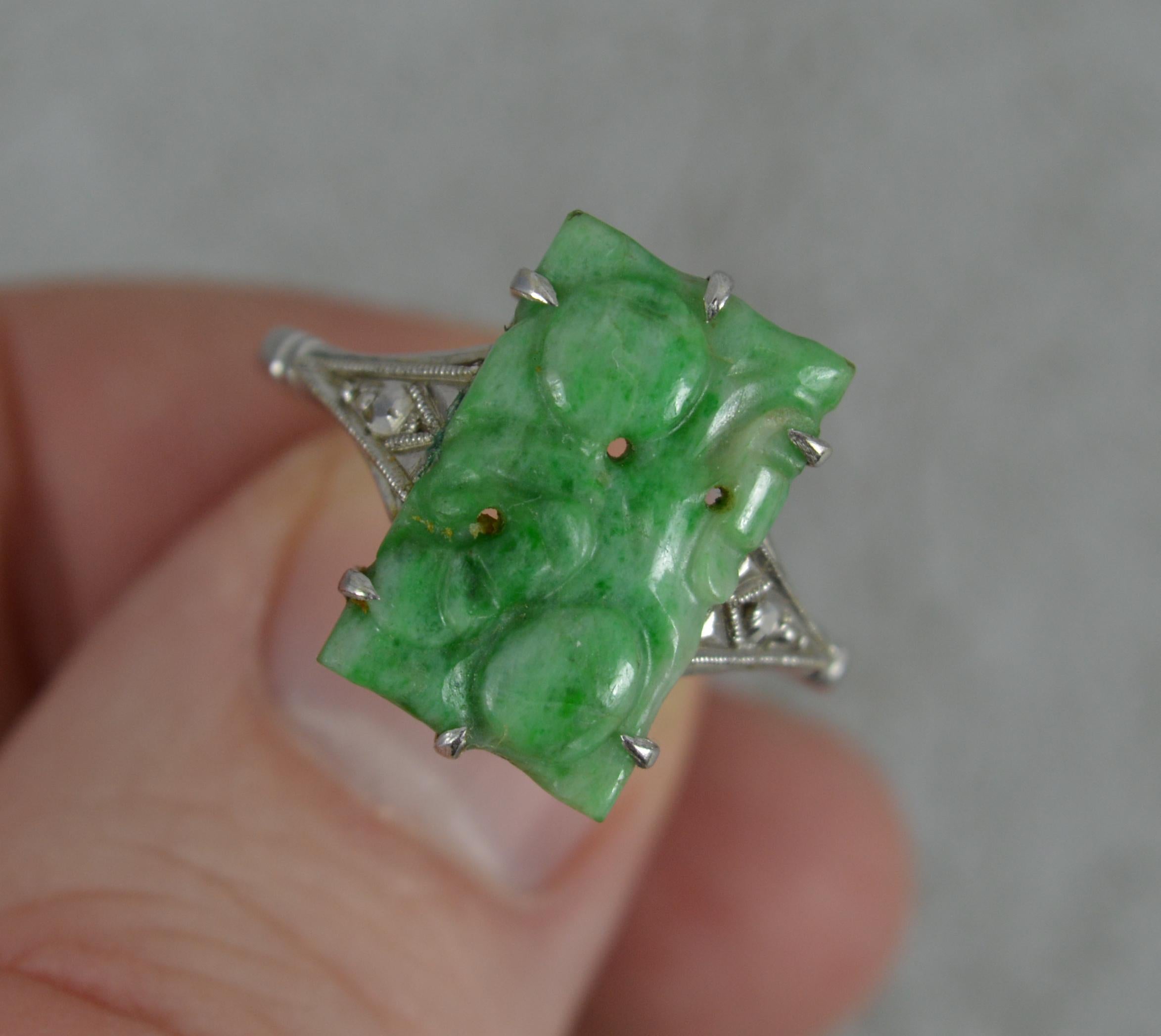 Art Deco Carved Jade Solitaire and 9 Carat White Gold Panel Ring 4