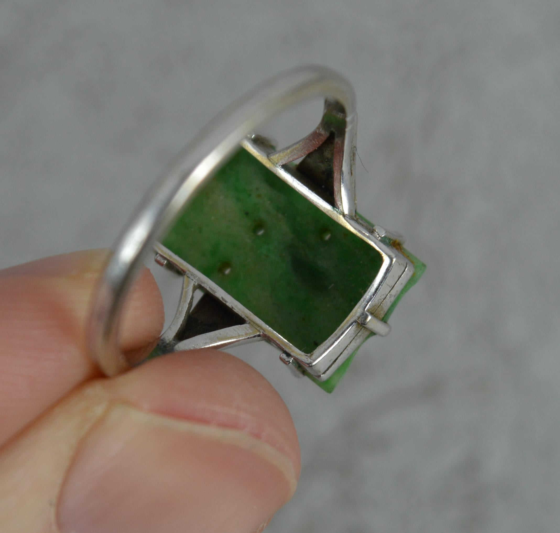Women's Art Deco Carved Jade Solitaire and 9 Carat White Gold Panel Ring