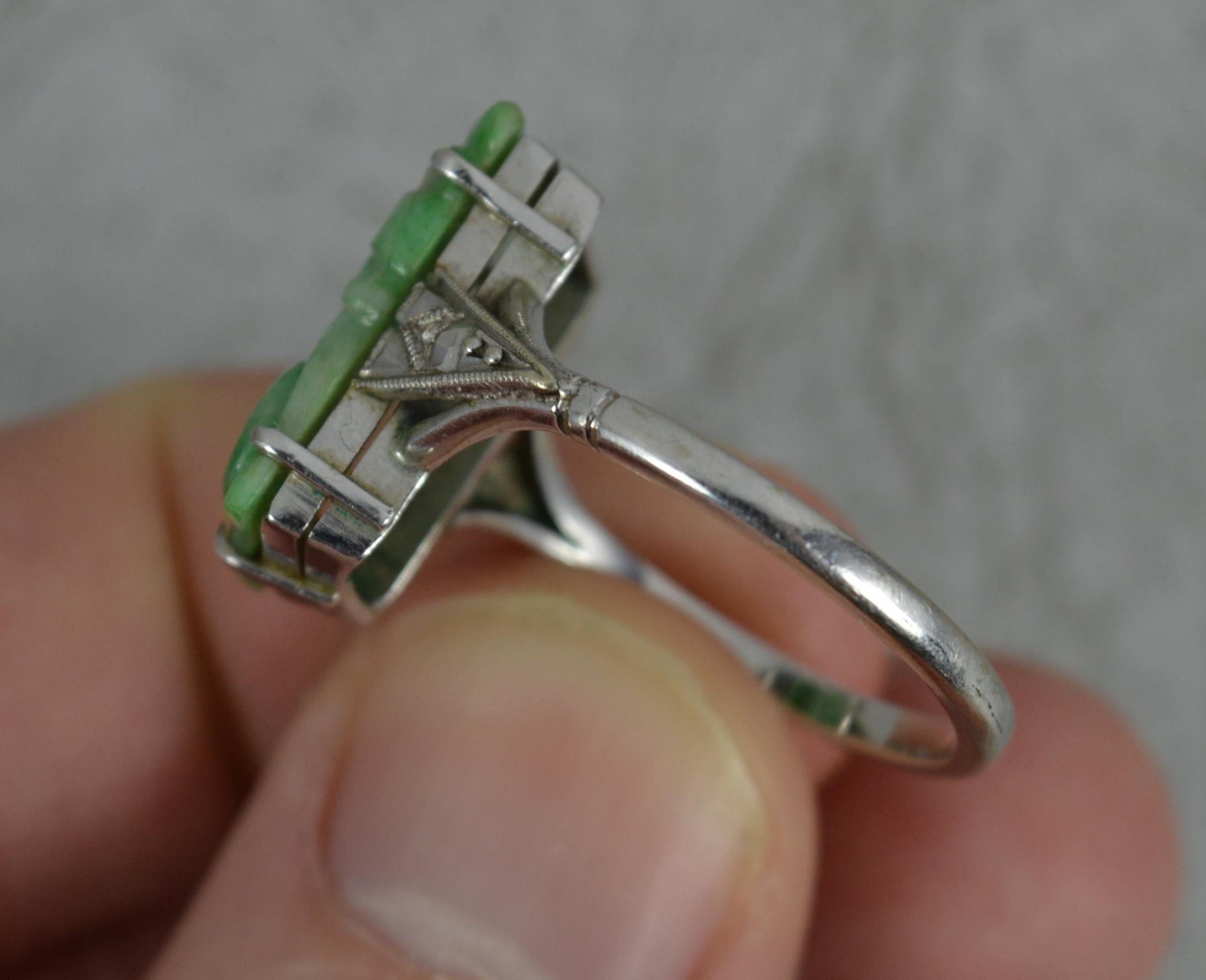 Art Deco Carved Jade Solitaire and 9 Carat White Gold Panel Ring 1