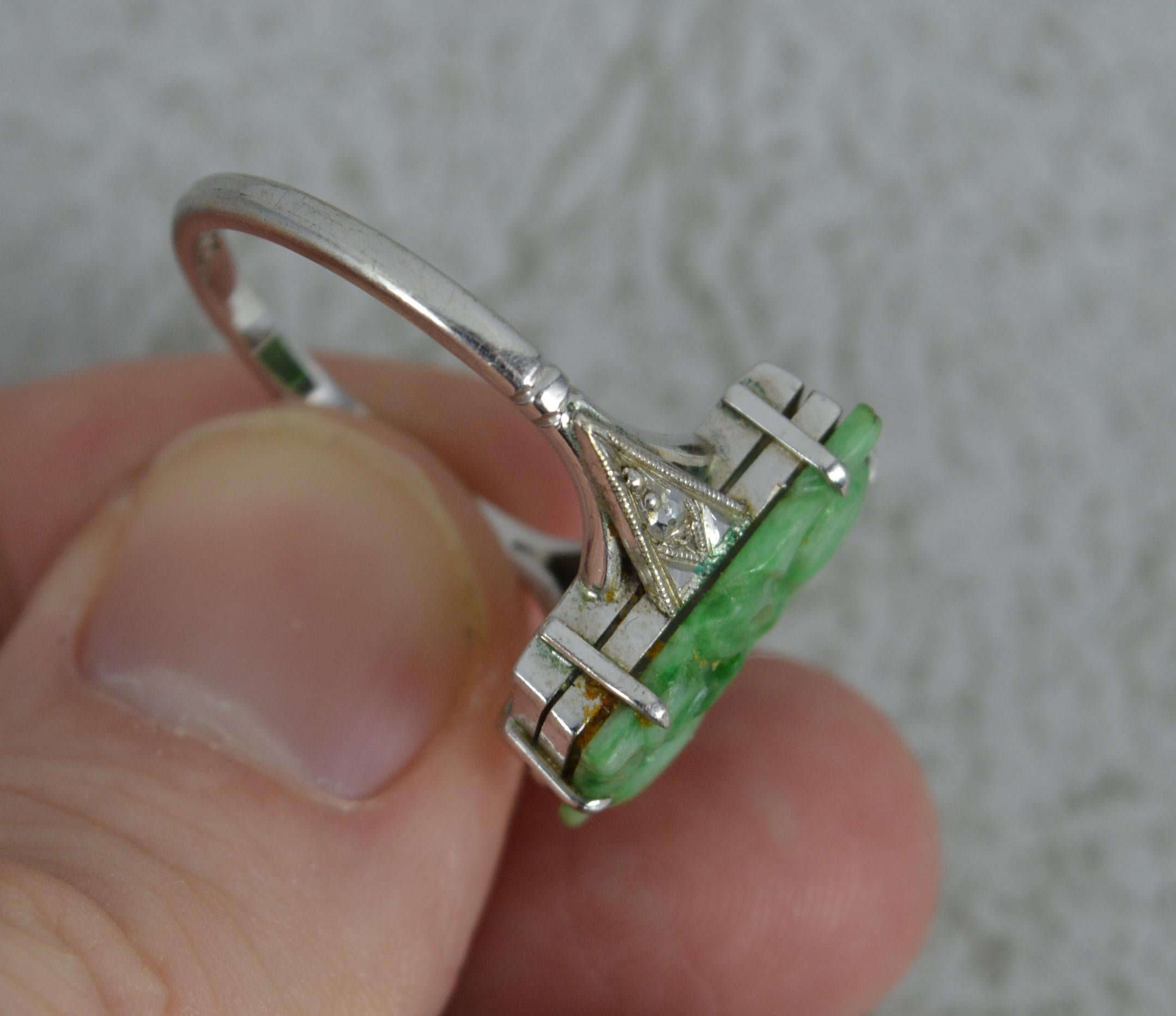 Art Deco Carved Jade Solitaire and 9 Carat White Gold Panel Ring 3