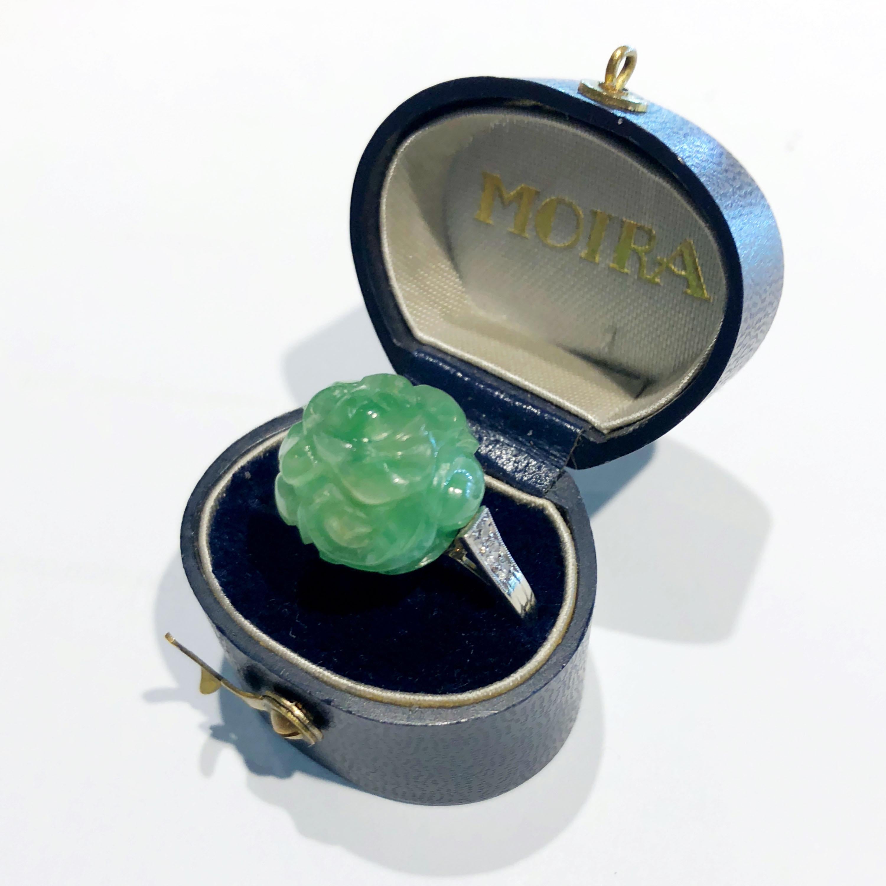 Round Cut Art Deco Carved Jadeite Jade and Diamond Ring