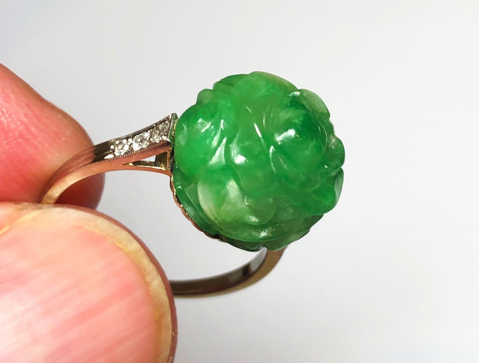 Women's Art Deco Carved Jadeite Jade and Diamond Ring