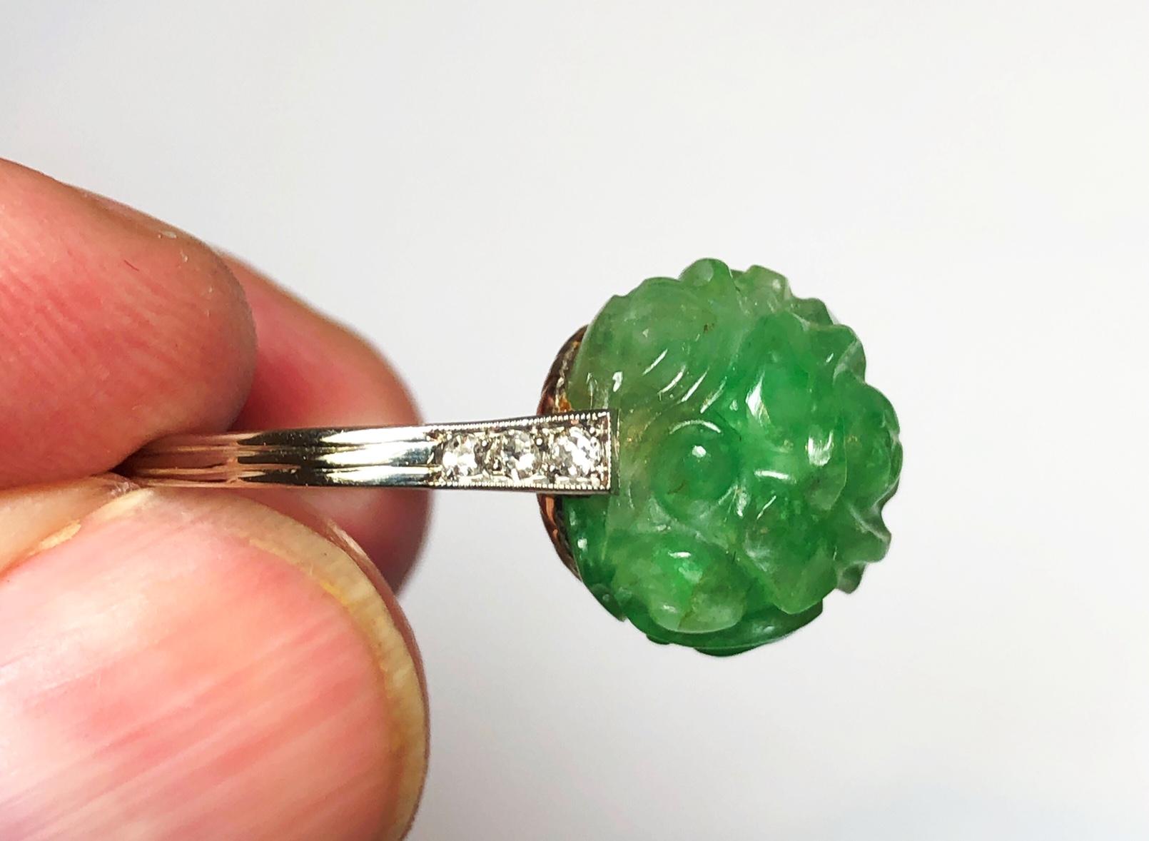 Art Deco Carved Jadeite Jade and Diamond Ring 1