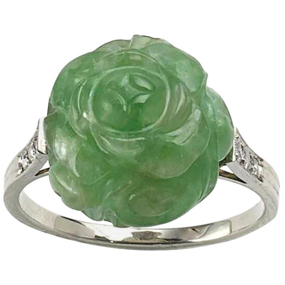 Art Deco Carved Jadeite Jade and Diamond Ring