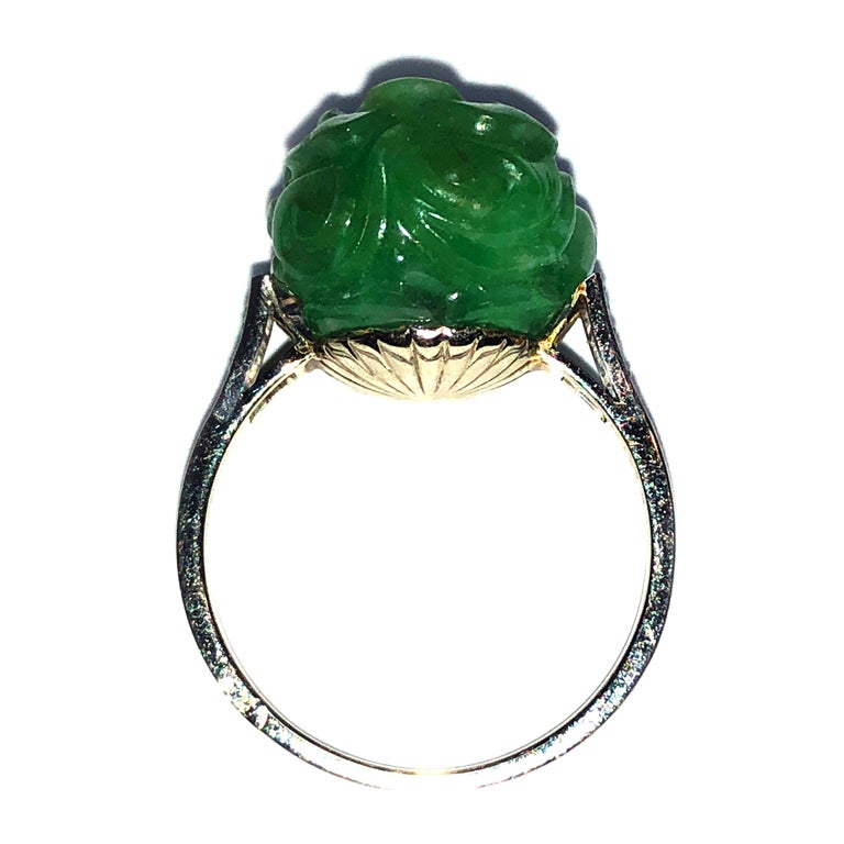 Art Deco Carved Jadeite Jade Diamond Gold Ring For Sale at 1stdibs